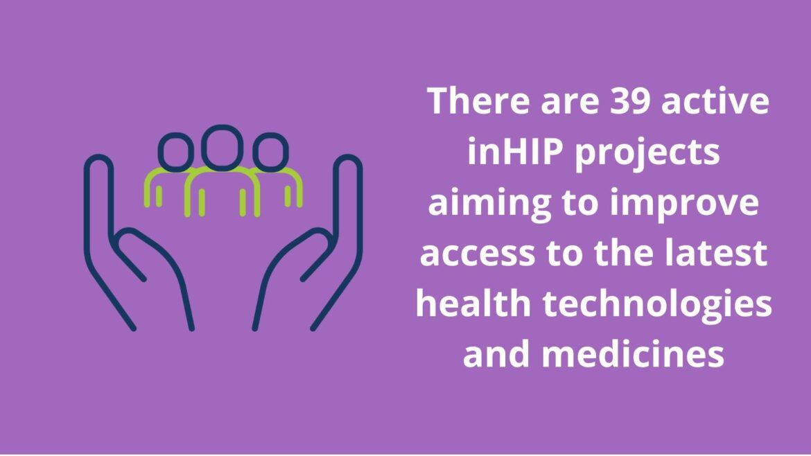purple box with icon of hands holding three people figures and text saying 'there are 39 inHIP projects aiming to improve access to the latest health technologies and medicines'