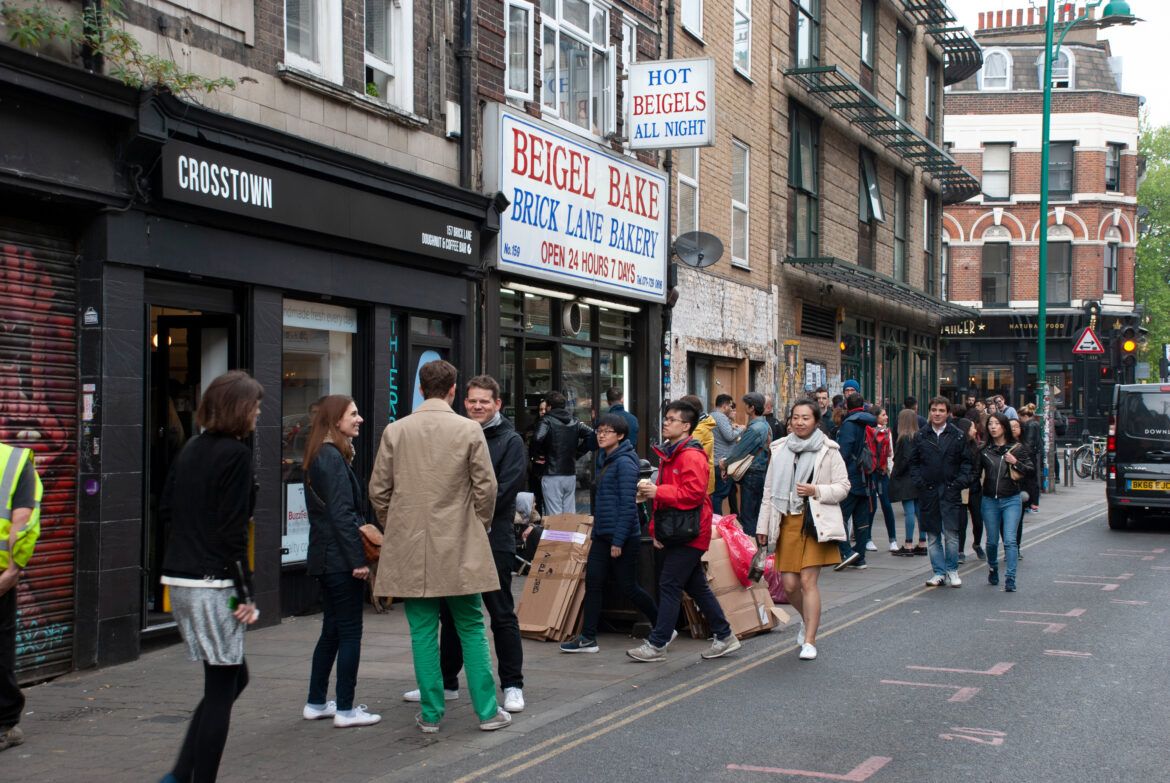 crowd outside brick lane bagel shop in East London